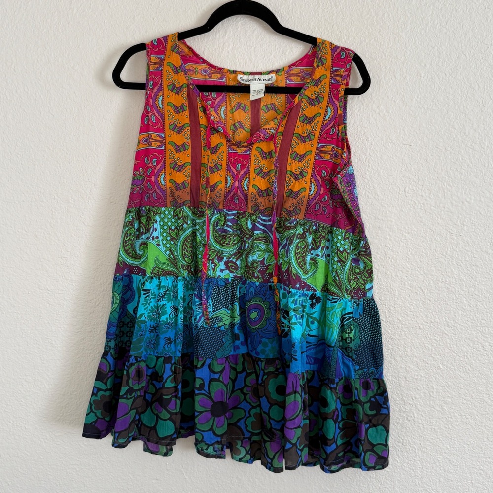 Womens Medium Patchwork Boho Tiered Cotton Top Maximalist Festival Peasant Indie